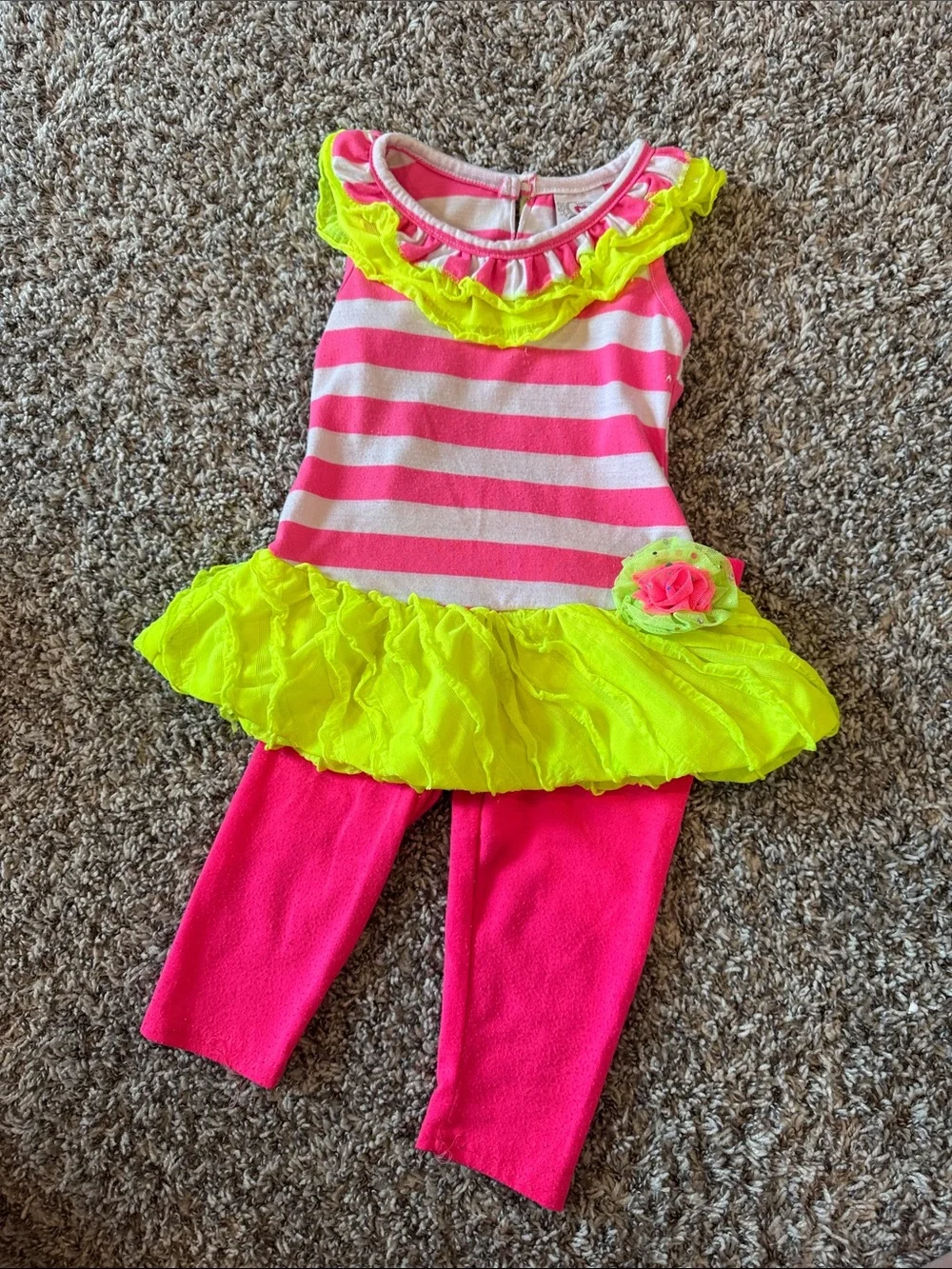 Neon Pink & Yellow Striped Girls' Matching Set - Tank Tunic & Leggings